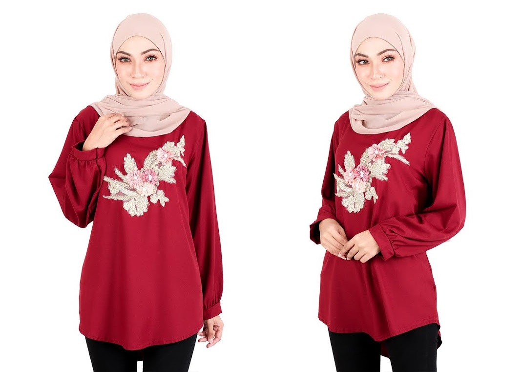 QA-523 Women's Floral Embroidery Blouse Maroon