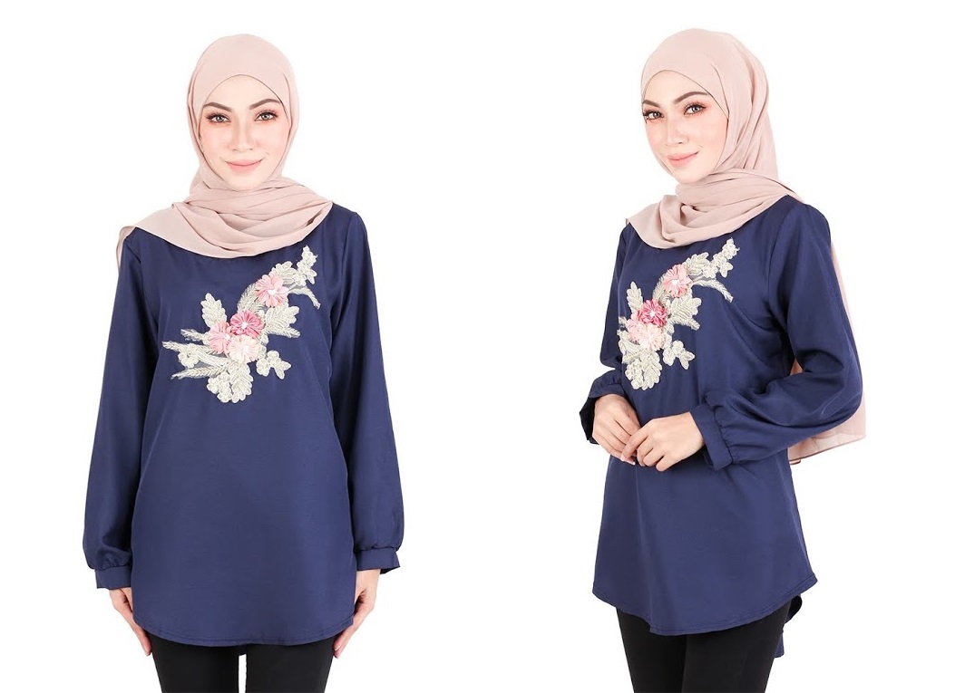 QA-523 Women's Floral Embroidery Blouse Navy Blue