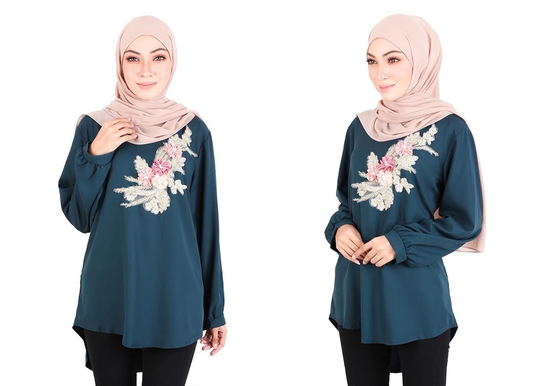 QA-523 Women's Floral Embroidery Blouse Ocean Green