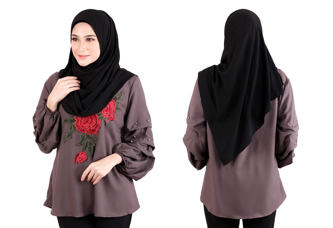 QA-522 Floral Embroidery Blouse Brown