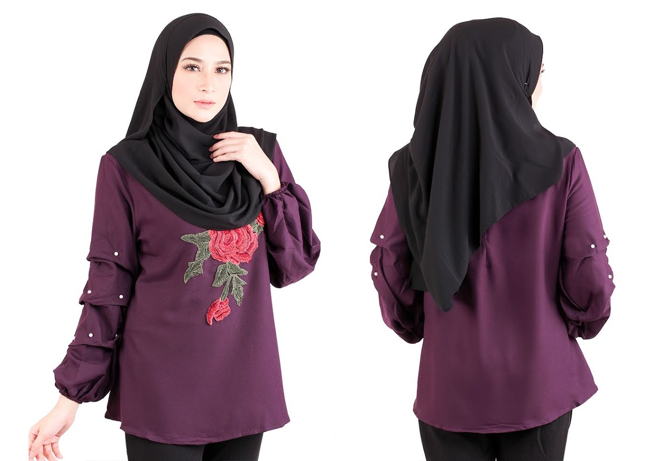 QA-522 Floral Embroidery Blouse Dark Purple