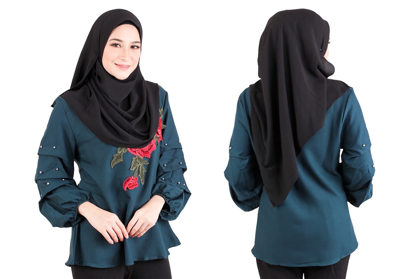 QA-522 Floral Embroidery Blouse Ocean Green