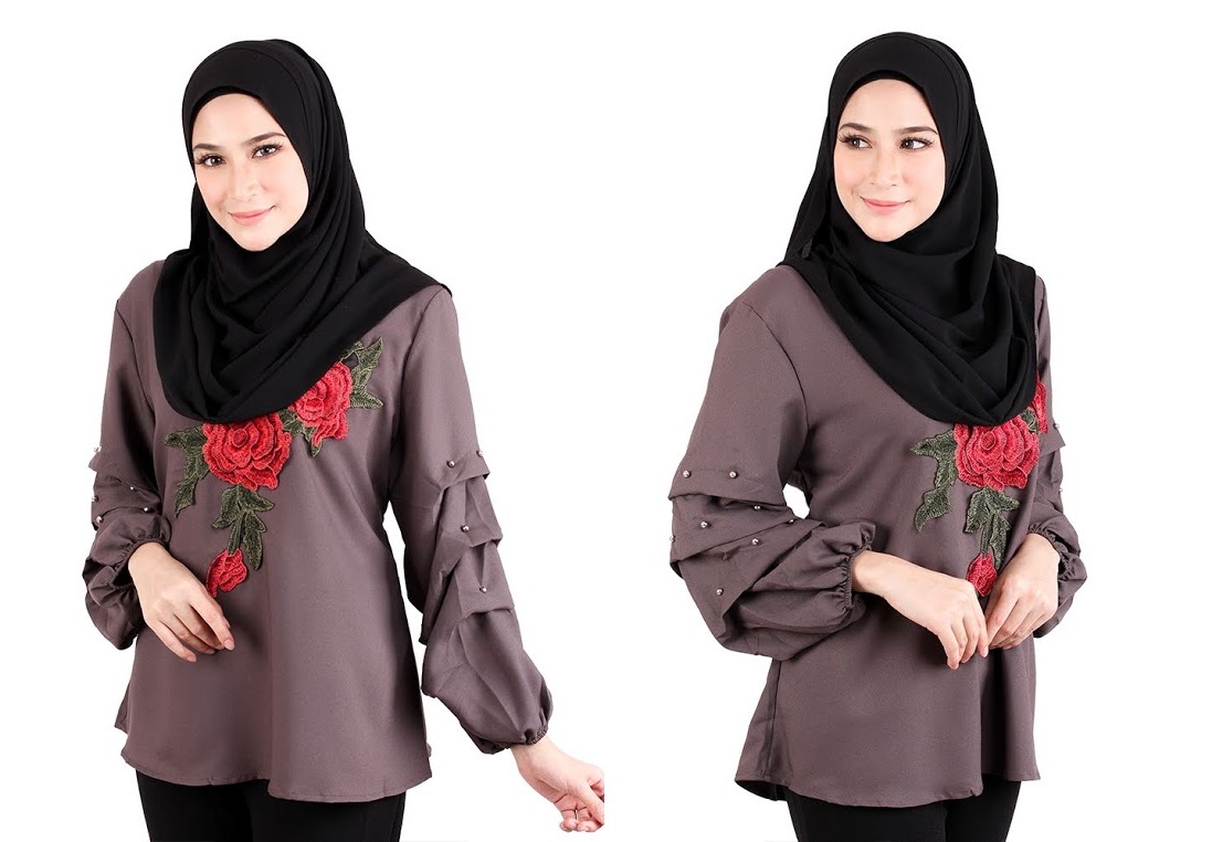 QA-522 Floral Embroidery Blouse Brown