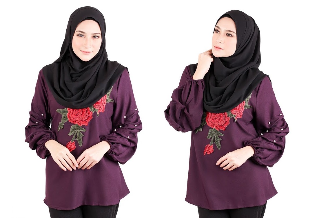 QA-522 Floral Embroidery Blouse Dark Purple