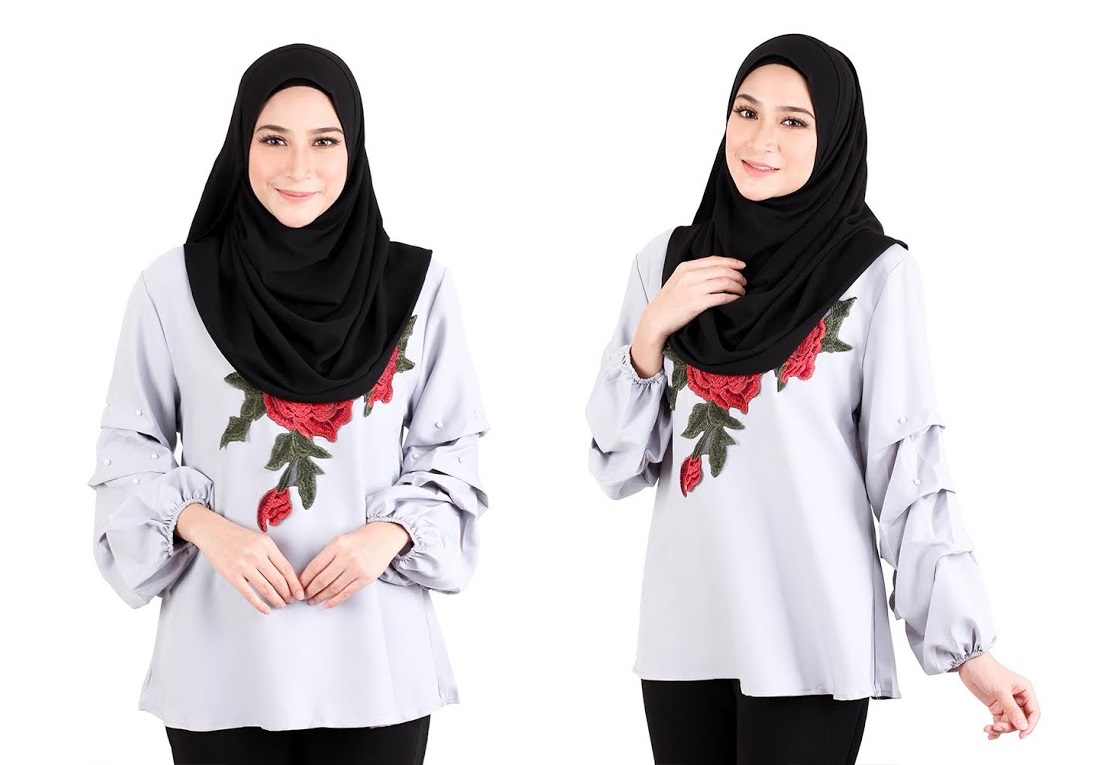 QA-522 Floral Embroidery Blouse Grey