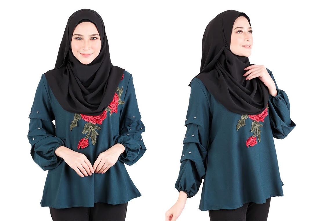 QA-522 Floral Embroidery Blouse Ocean Green