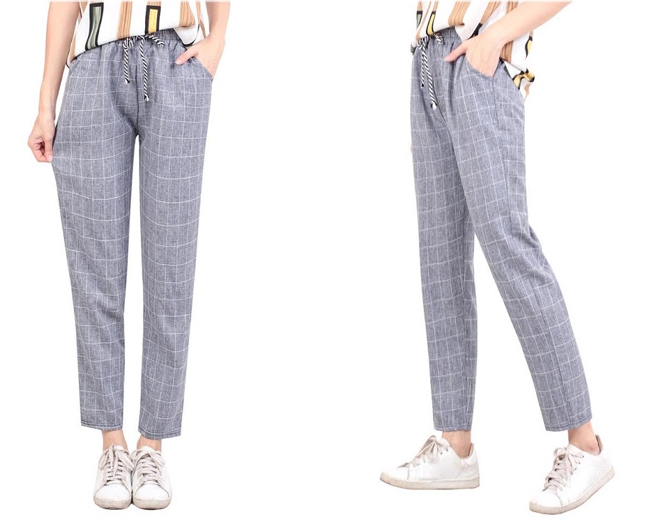 QA-524 FIT CHECKED PANTS BLUE GREY