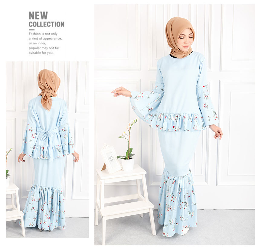 QA-549 WOMEN'S FLORAL KURUNG LIGHT BLUE