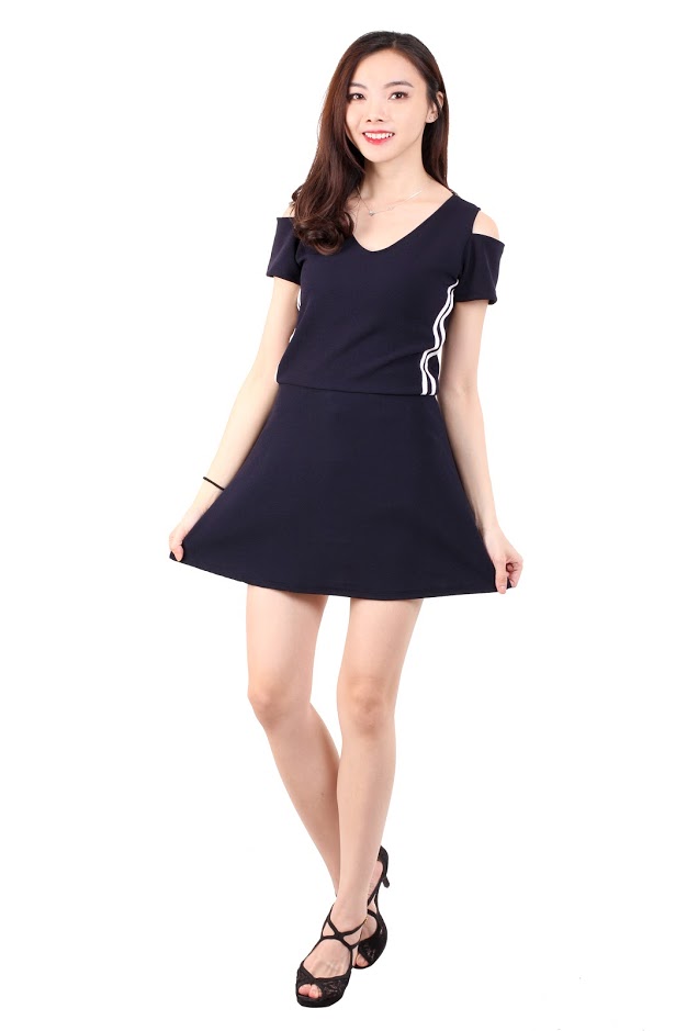 QA-532 Cold Shoulder Dress Navy Blue