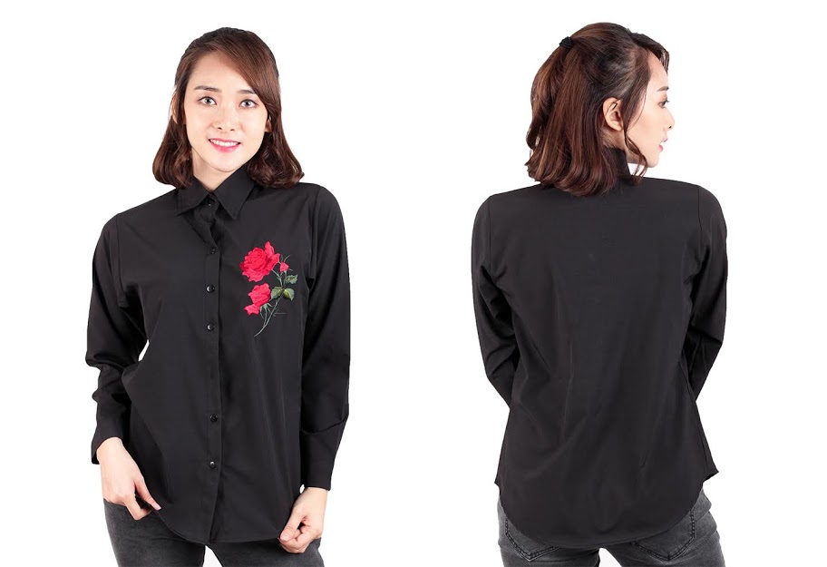 QA-537 FLORAL EMBROIDERY SHIRT BLACK