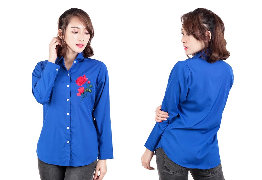 QA-537 FLORAL EMBROIDERY SHIRT BLUE