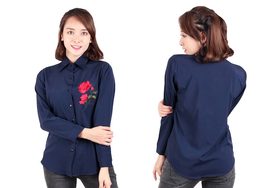 QA-537 FLORAL EMBROIDERY SHIRT NAVY BLUE