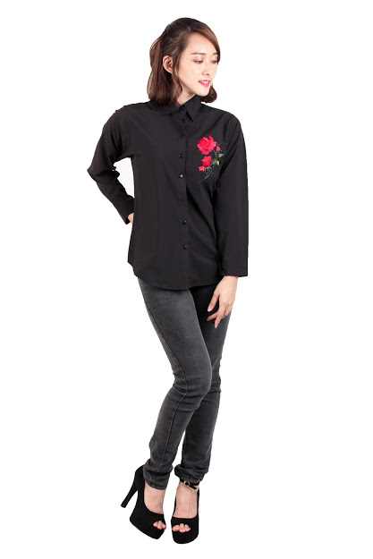 QA-537 FLORAL EMBROIDERY SHIRT BLACK