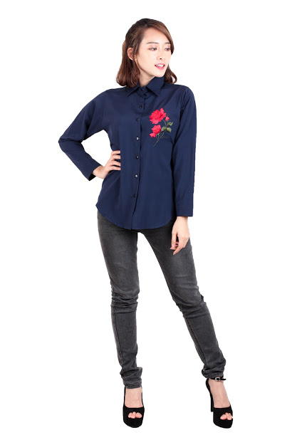 QA-537 FLORAL EMBROIDERY SHIRT NAVY BLUE