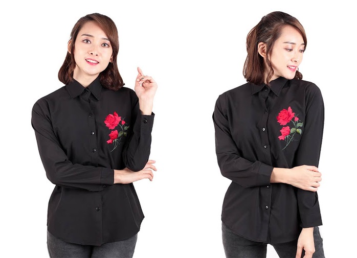 QA-537 FLORAL EMBROIDERY SHIRT BLACK