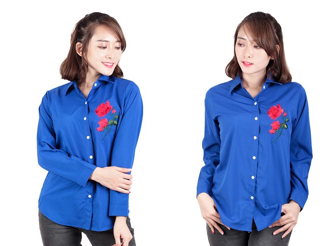 QA-537 FLORAL EMBROIDERY SHIRT BLUE