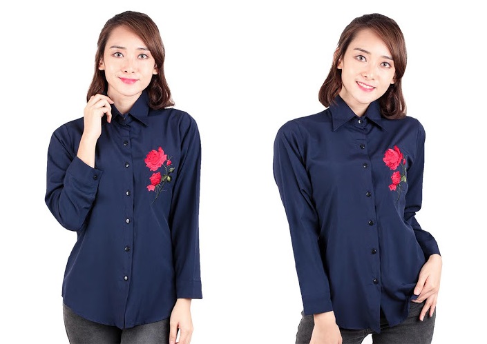 QA-537 FLORAL EMBROIDERY SHIRT NAVY BLUE