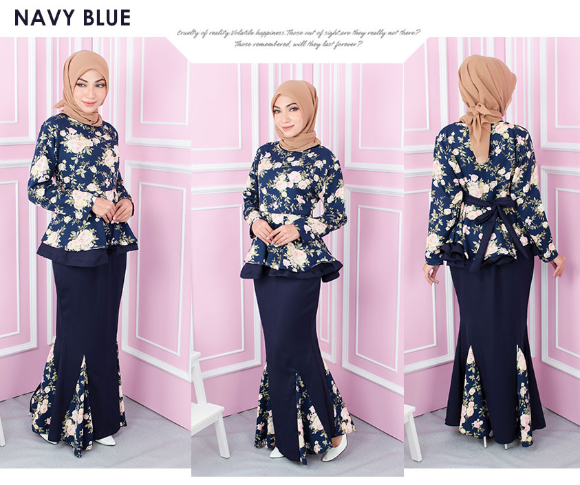 QA-553 WOMEN'S FLORAL MODERN KURUNG NAVY BLUE