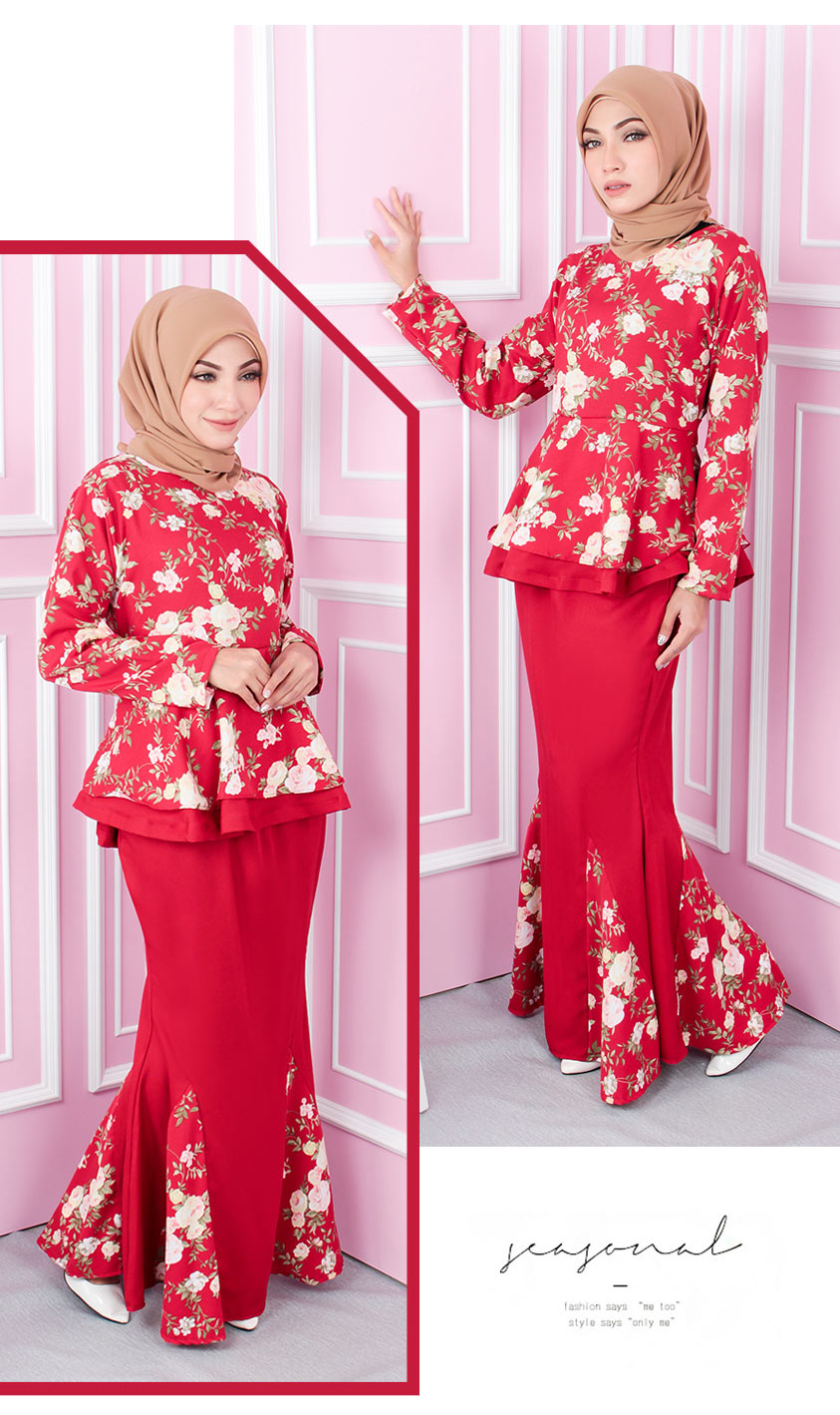 QA-553 WOMEN'S FLORAL MODERN KURUNG RED