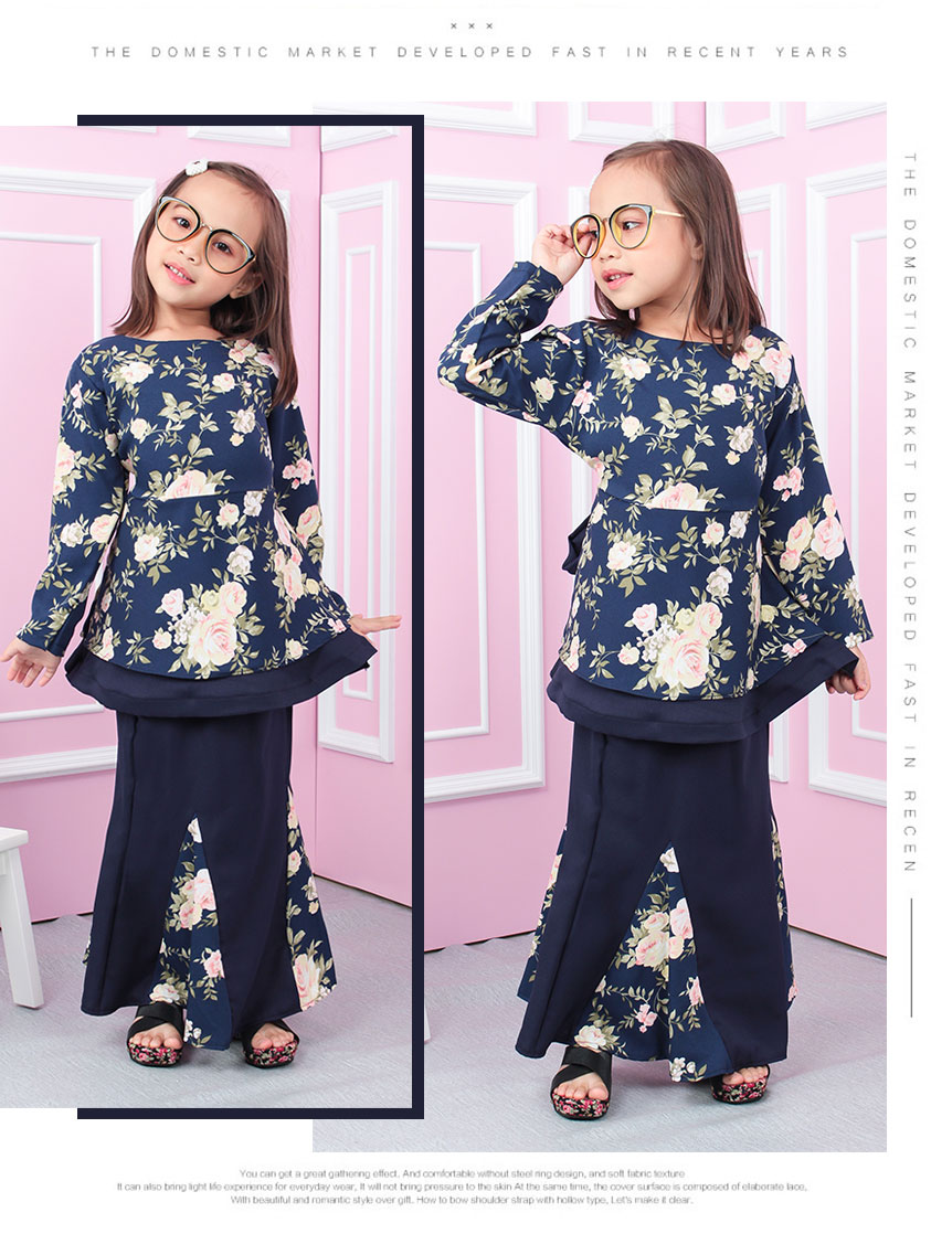 QA-554 KIDS FLORAL KURUNG NAVY BLUE