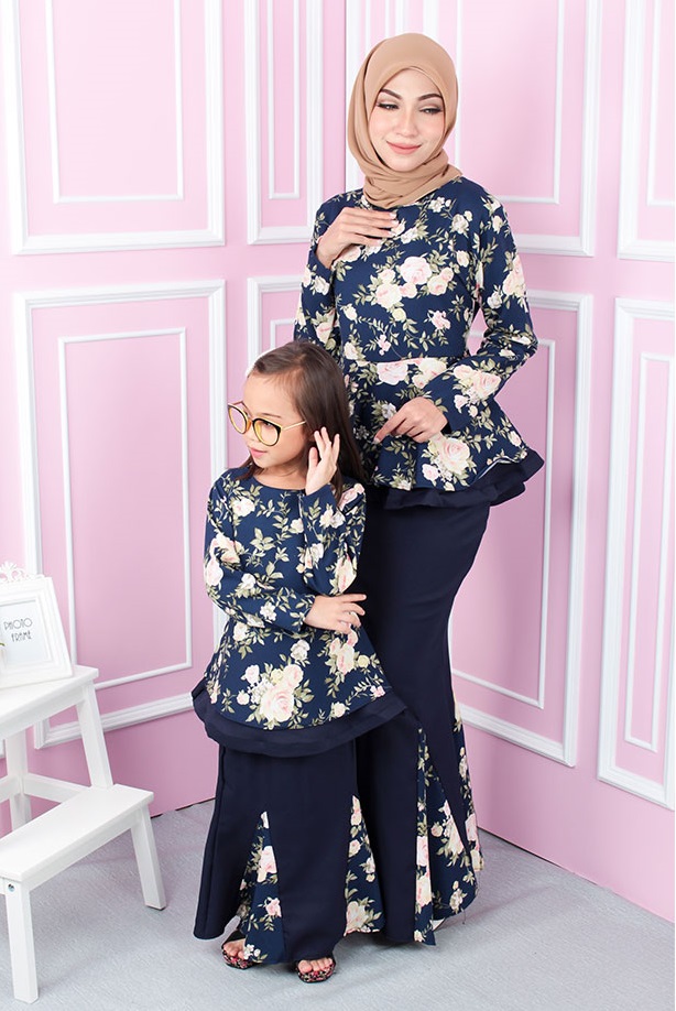 QA-554 KIDS FLORAL KURUNG NAVY BLUE