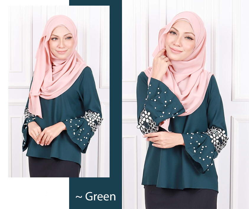 QA-585 EMBROIDERY FLARE TOP GREEN