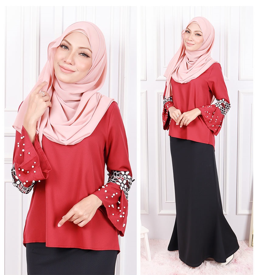 QA-585 EMBROIDERY FLARE TOP RED