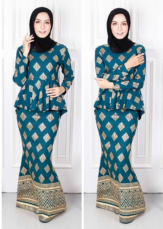 QA-574 PEPLUM MODERN SONGKET PRINTED SET EMERALD GREEN