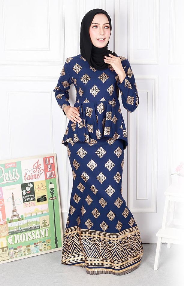 QA-574 PEPLUM MODERN SONGKET PRINTED SET NAVY BLUE