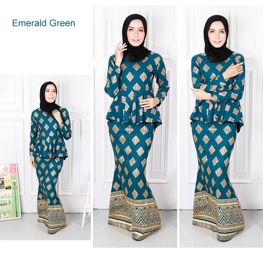 QA-574 PEPLUM MODERN SONGKET PRINTED SET EMERALD GREEN