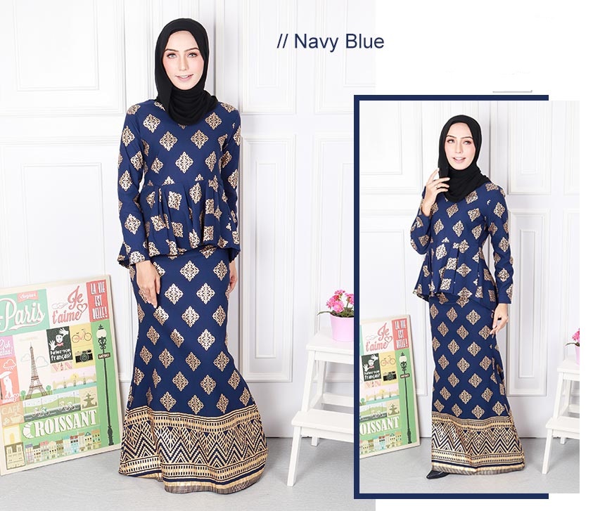 QA-574 PEPLUM MODERN SONGKET PRINTED SET NAVY BLUE