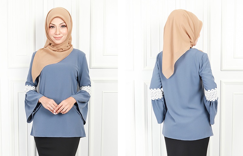 QA-579 MUSLIMAH FASHION BLOUSE BLUE GREY