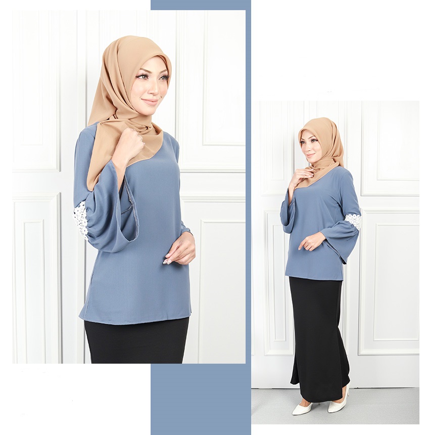 QA-579 MUSLIMAH FASHION BLOUSE BLUE GREY