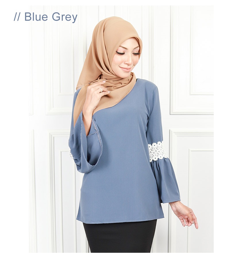 QA-579 MUSLIMAH FASHION BLOUSE BLUE GREY