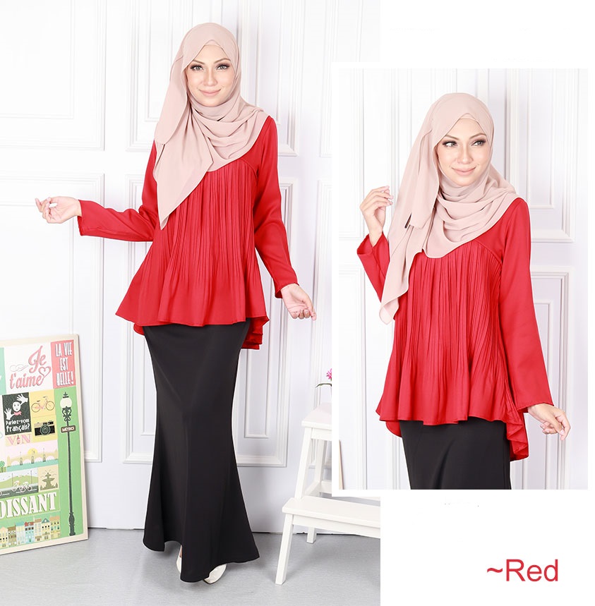 QA-582 PLEATED FLARE BLOUSE RED