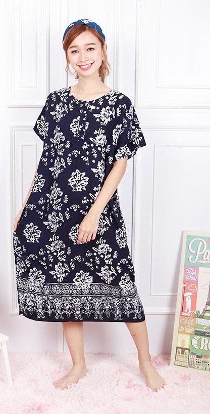 QA-603 Kaftan Button Sleeping Dress Navy Blue