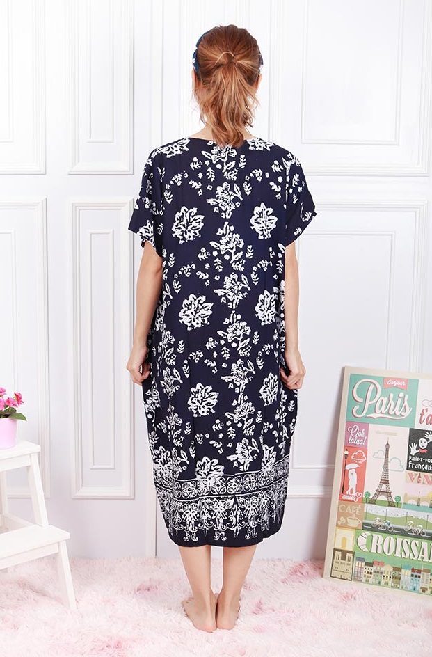 QA-603 Kaftan Button Sleeping Dress Navy Blue