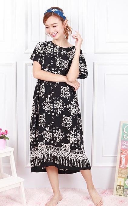 QA-603 Kaftan Button Sleeping Dress Black