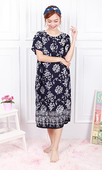 QA-603 Kaftan Button Sleeping Dress Navy Blue