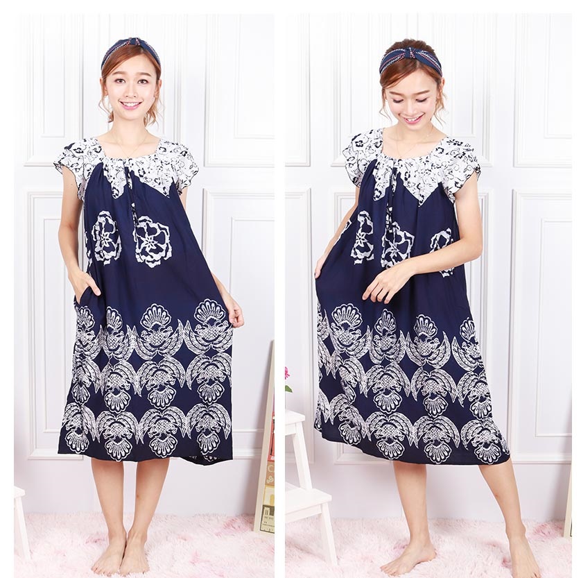 QA-604 Neckline Kaftan Sleeping Dress Navy Blue