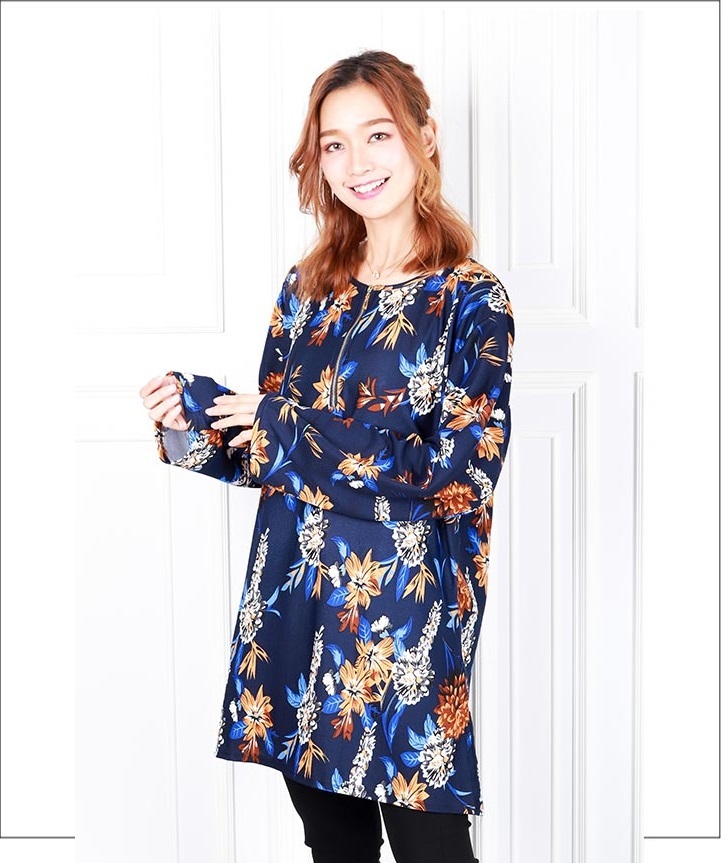 QA-620 PLUS SIZE PRINTED ZIPPER BLOUSE NAVY BLUE