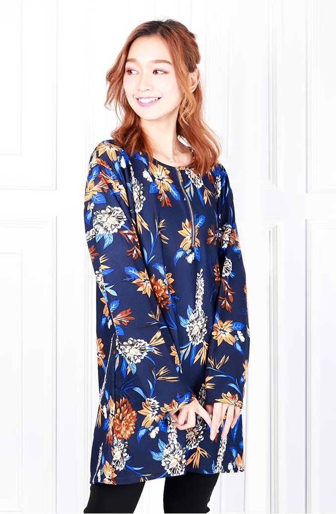 QA-620 PLUS SIZE PRINTED ZIPPER BLOUSE NAVY BLUE