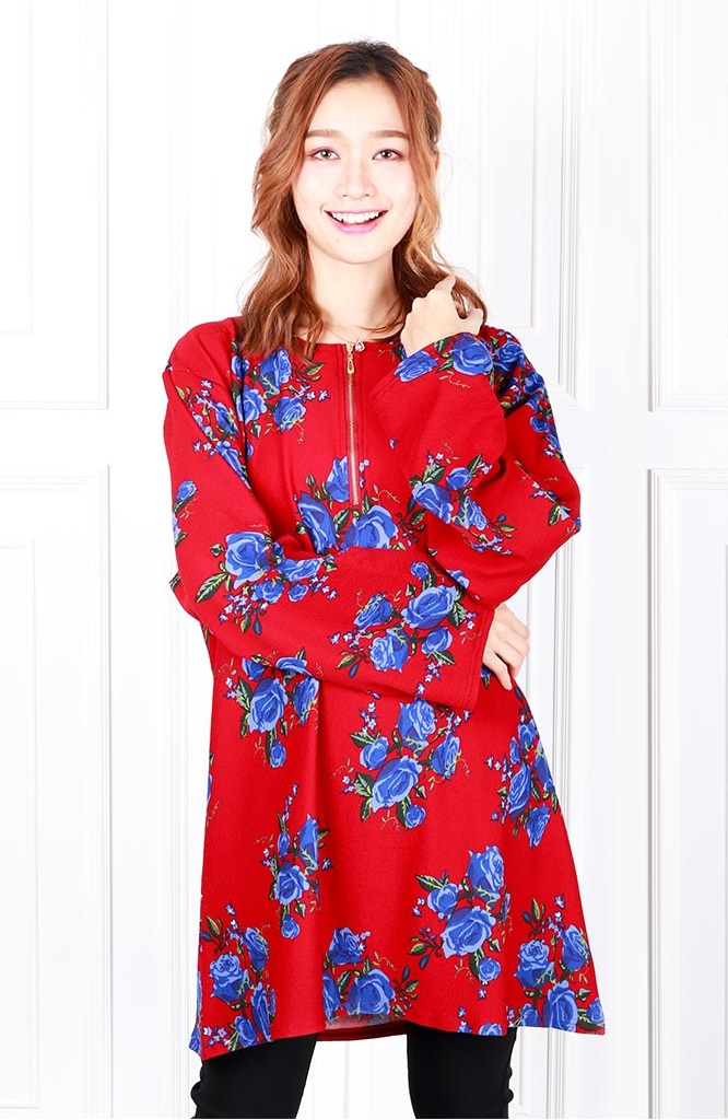 QA-620 PLUS SIZE PRINTED ZIPPER BLOUSE RED