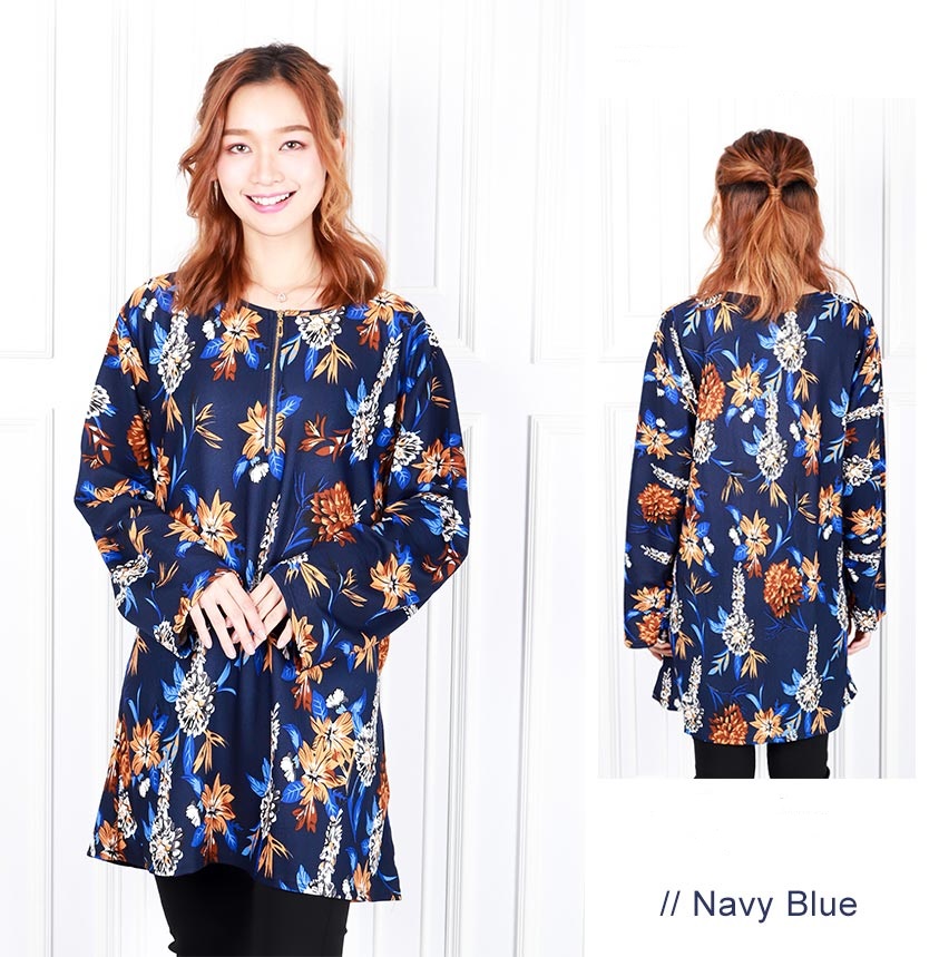 QA-620 PLUS SIZE PRINTED ZIPPER BLOUSE NAVY BLUE