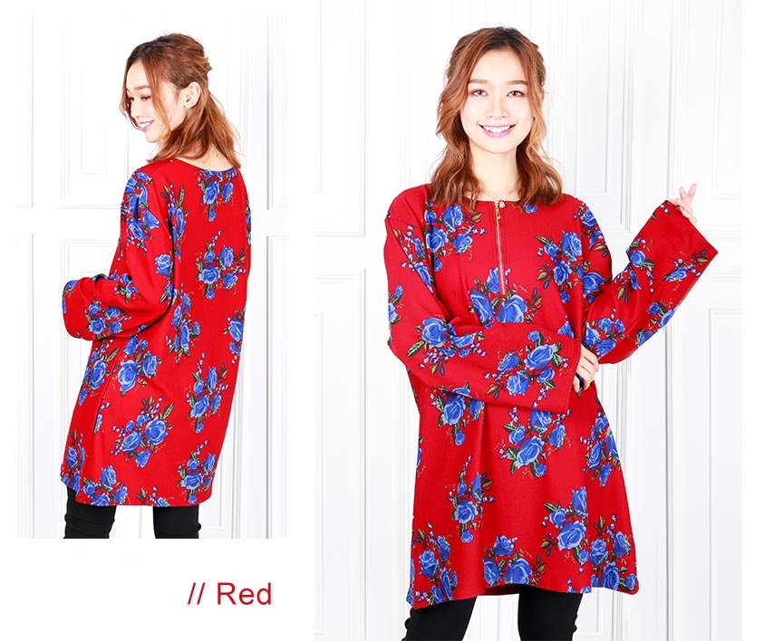 QA-620 PLUS SIZE PRINTED ZIPPER BLOUSE RED