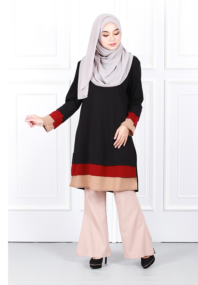 QA-632 TRI COLORS LAYERED BLOUSE BLACK