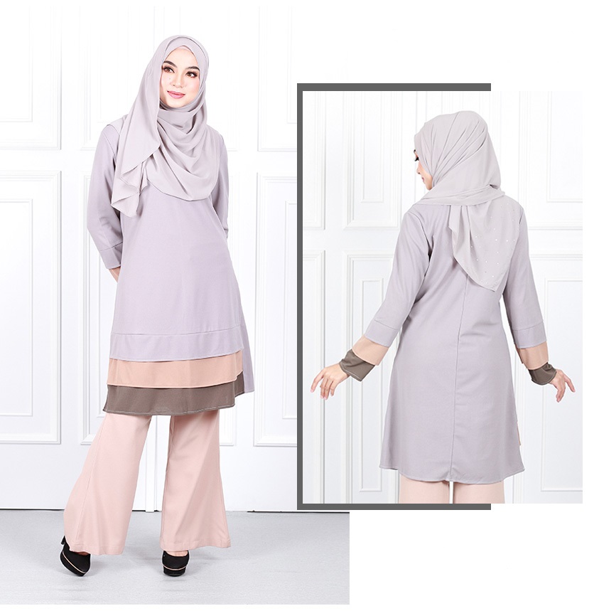 QA-632 TRI COLORS LAYERED BLOUSE GREY