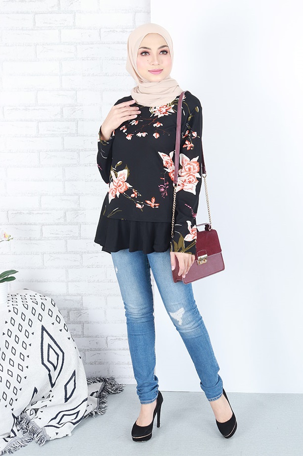 QA-663 FLORAL PRINTED A LINE BLOUSE BLACK