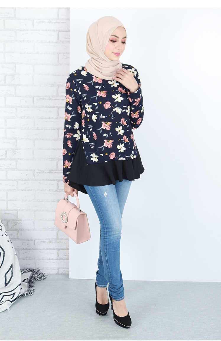 QA-663 FLORAL PRINTED A LINE BLOUSE DARK BLUE