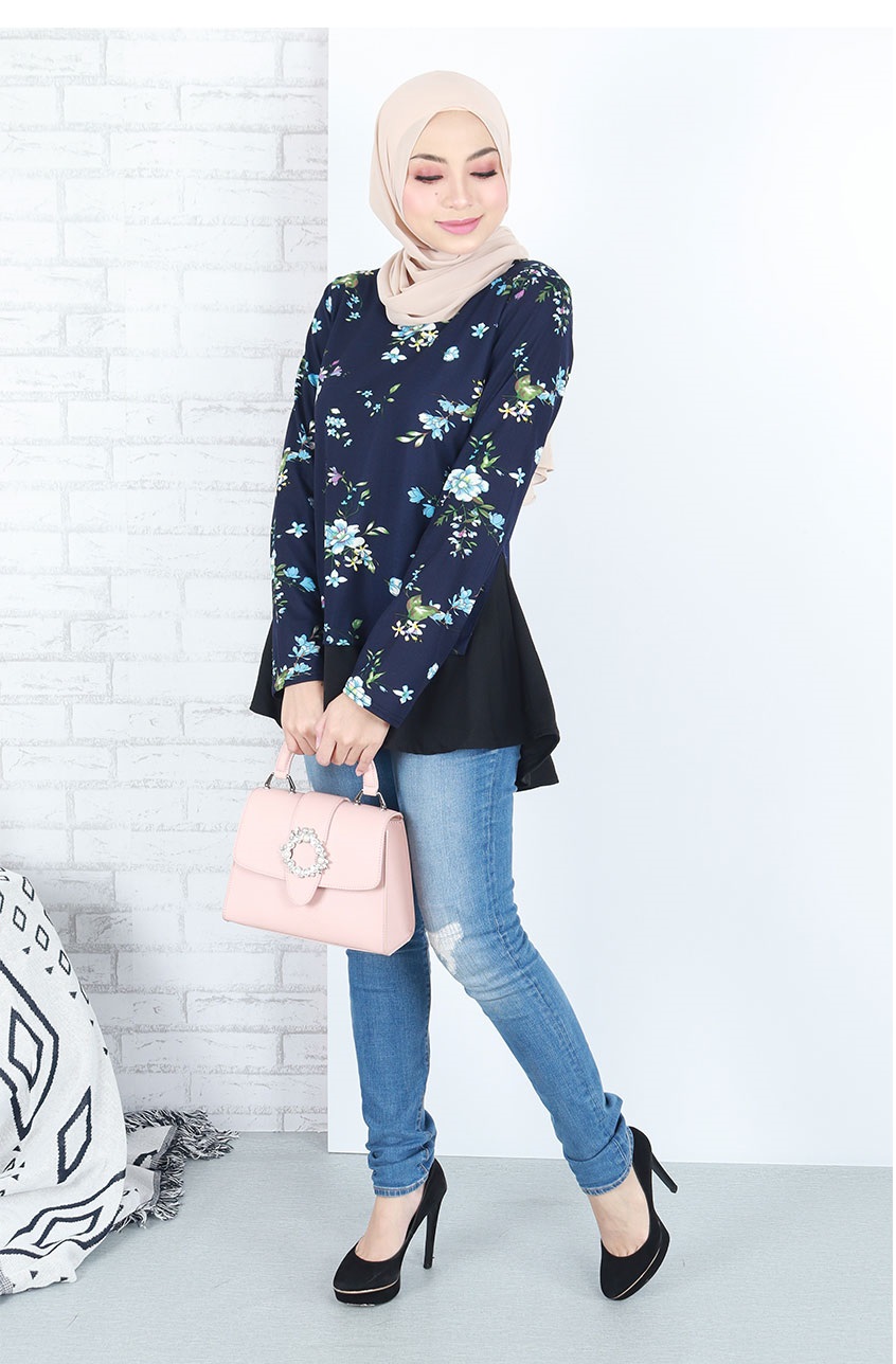 QA-663 FLORAL PRINTED A LINE BLOUSE NAVY BLUE